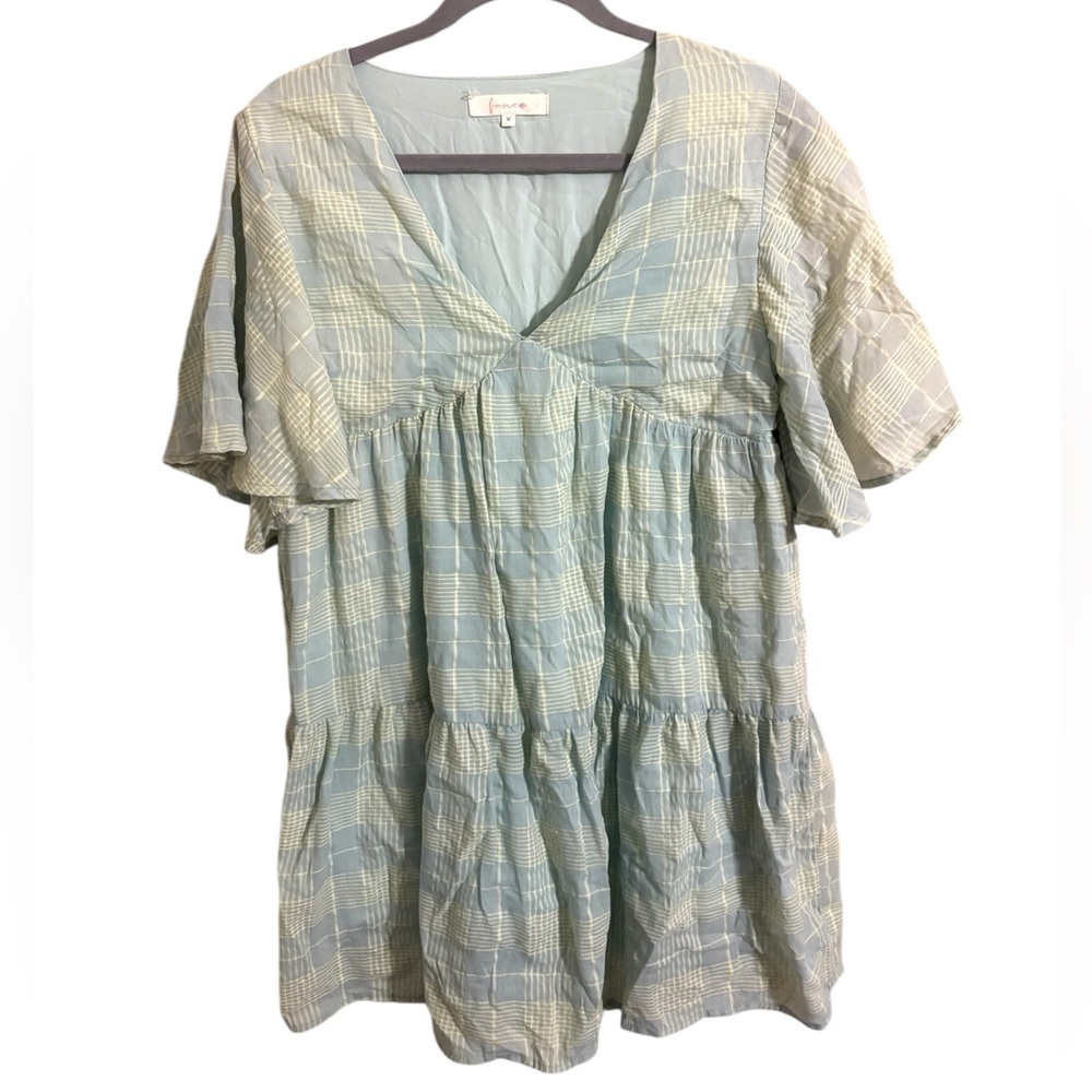 Fanco Blue Yellow Plaid V-Neck Mini Dress Medium